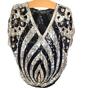 Vintage Sequin Black Silver Disco Art Deco Peacock V Neck Blouse Top Shirt